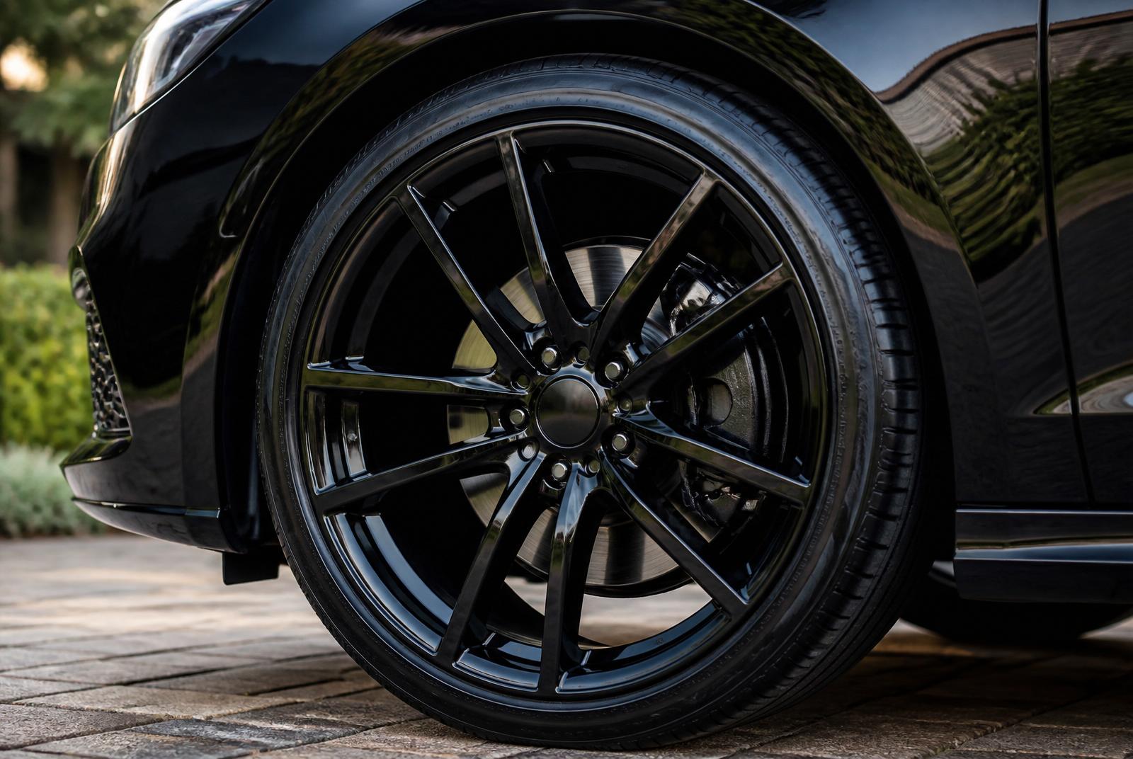 Refurbished gloss black alloy wheel with a mirror finish